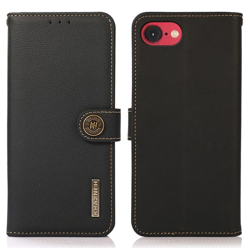 KHAZNEH For iPhone 17e / 16e Case Genuine Cow Leather RFID Blocking Wallet Phone Cover - Black - 1