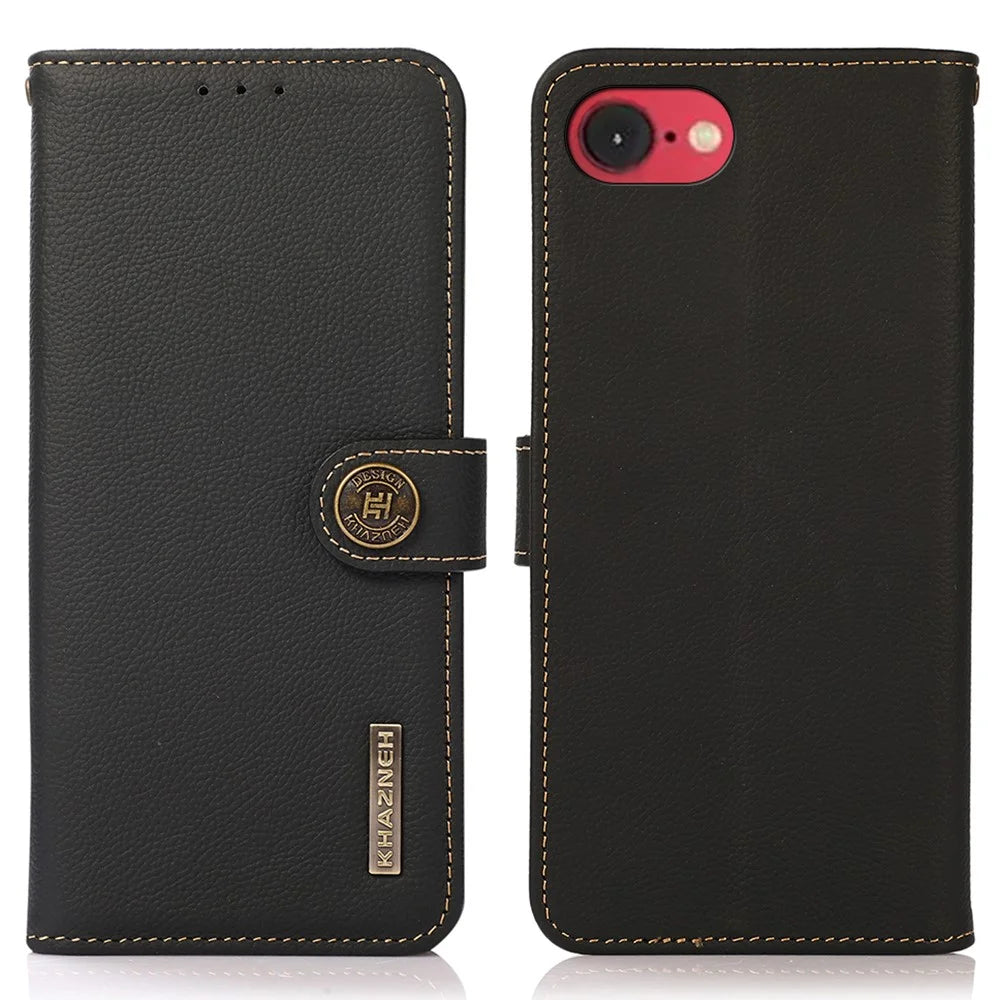 KHAZNEH For iPhone 17e / 16e Case Genuine Cow Leather RFID Blocking Wallet Phone Cover - Black - 1