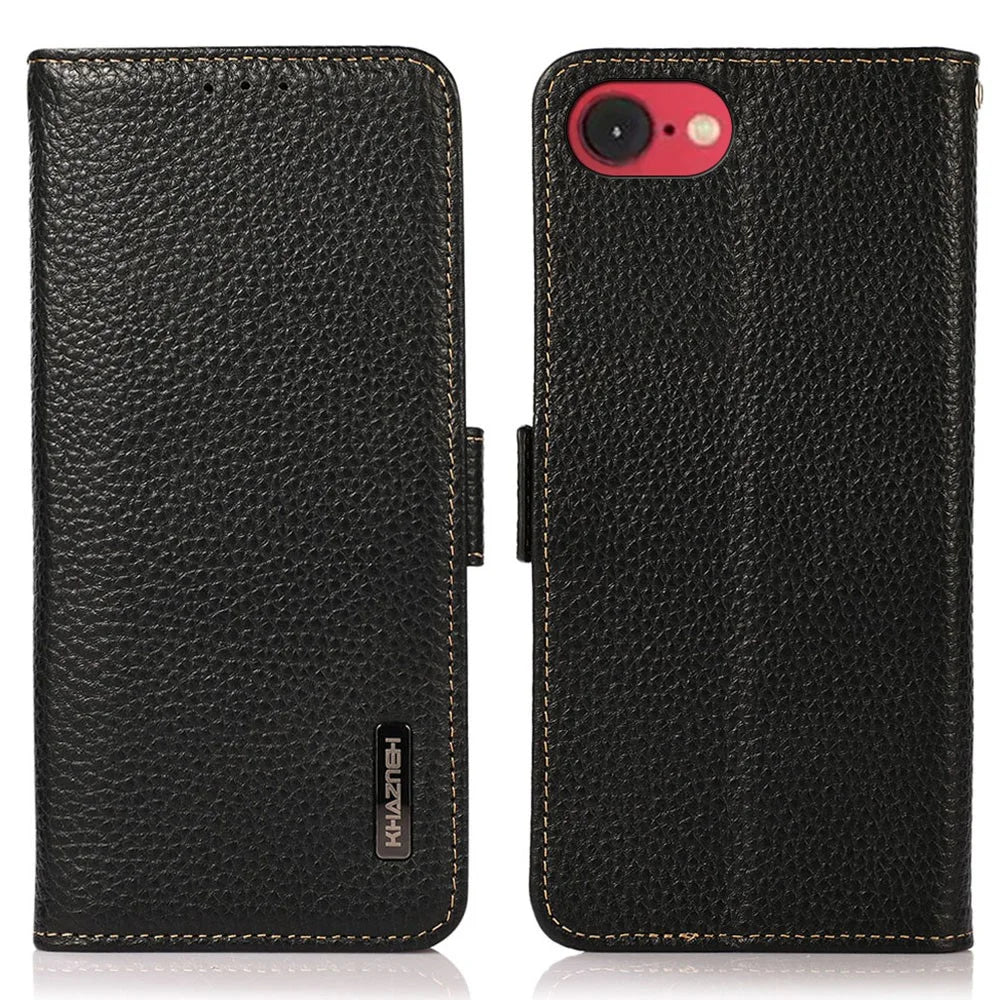 KHAZNEH For iPhone 17e / 16e Phone Case Genuine Cow Leather Cover RFID Blocking - Black - 1