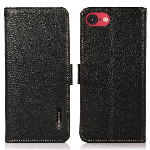 KHAZNEH For iPhone 17e / 16e Phone Case Genuine Cow Leather Cover RFID Blocking - Black - 1