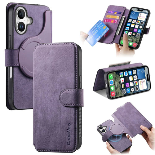 For iPhone 16 Plus Magnetic Case CASENEO Detachable Leather Phone Wallet Cover - Purple - 1