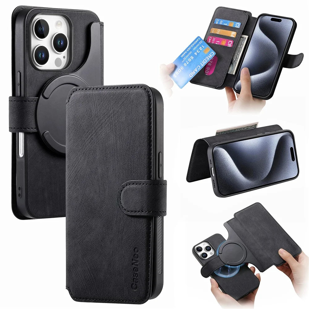 For iPhone 16 Pro Magnetic Case CASENEO Detachable Leather Phone Wallet Cover - Black - 1