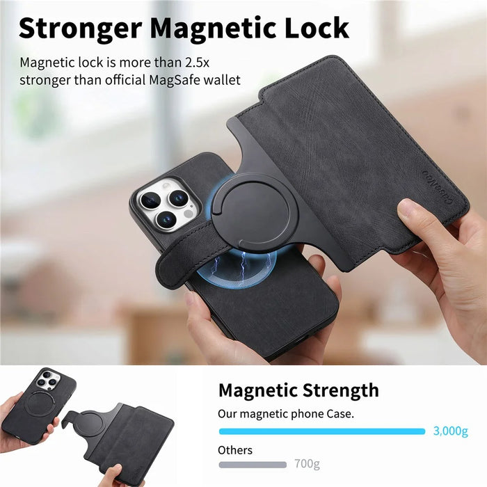For iPhone 16 Pro Magnetic Case CASENEO Detachable Leather Phone Wallet Cover - Black - 6