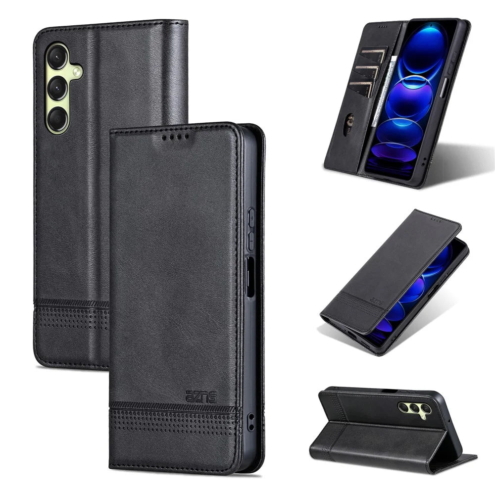 AZNS For Samsung Galaxy A16 5G / A16 4G Case Cowhide Texture PU Leather Wallet Phone Cover - Black - 7