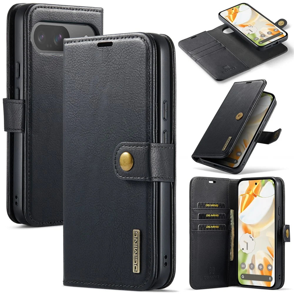 DG.MING for Google Pixel 9 / 9 Pro Case Detachable Split Leather Phone Cover - Black - 1