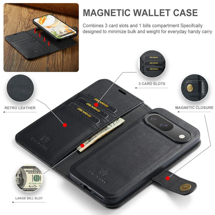 DG.MING for Google Pixel 9 / 9 Pro Case Detachable Split Leather Phone Cover - Black - 4
