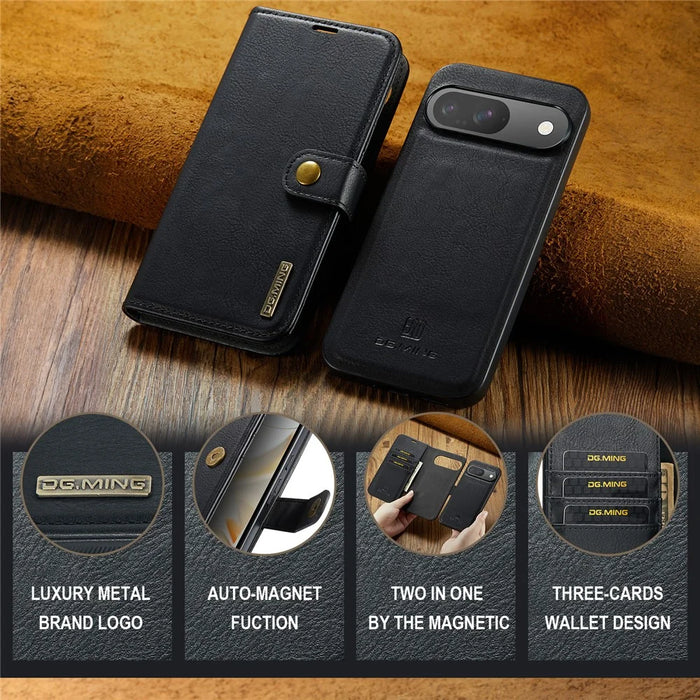 DG.MING for Google Pixel 9 / 9 Pro Case Detachable Split Leather Phone Cover - Black - 6