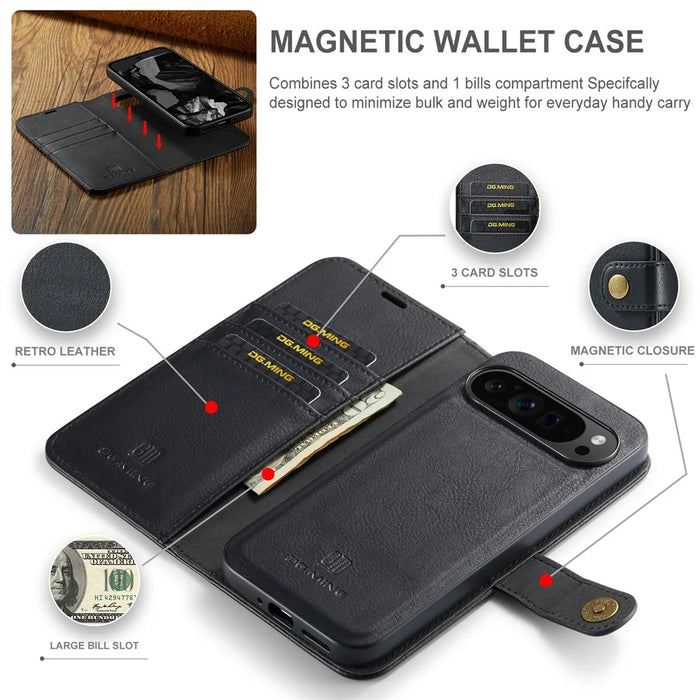 DG.MING for Google Pixel 9 Pro XL Case Detachable Split Leather Phone Cover - Black - 5