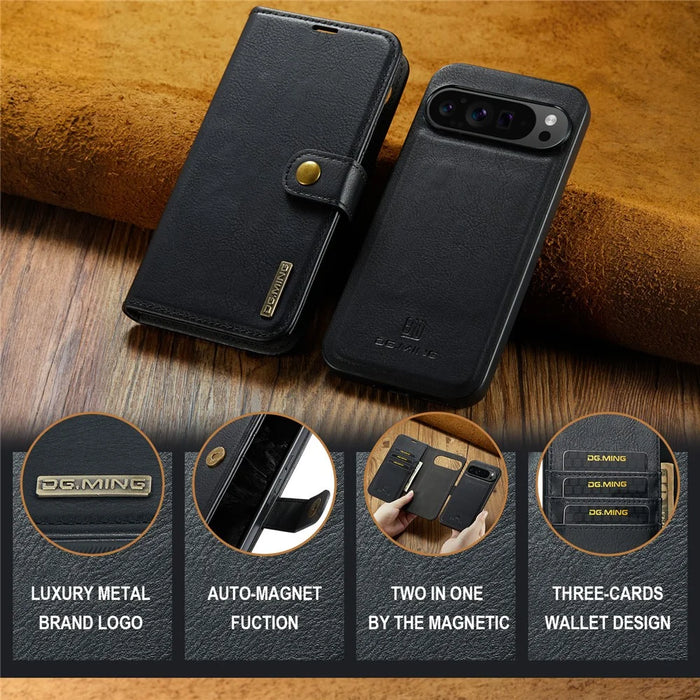 DG.MING for Google Pixel 9 Pro XL Case Detachable Split Leather Phone Cover - Black - 6