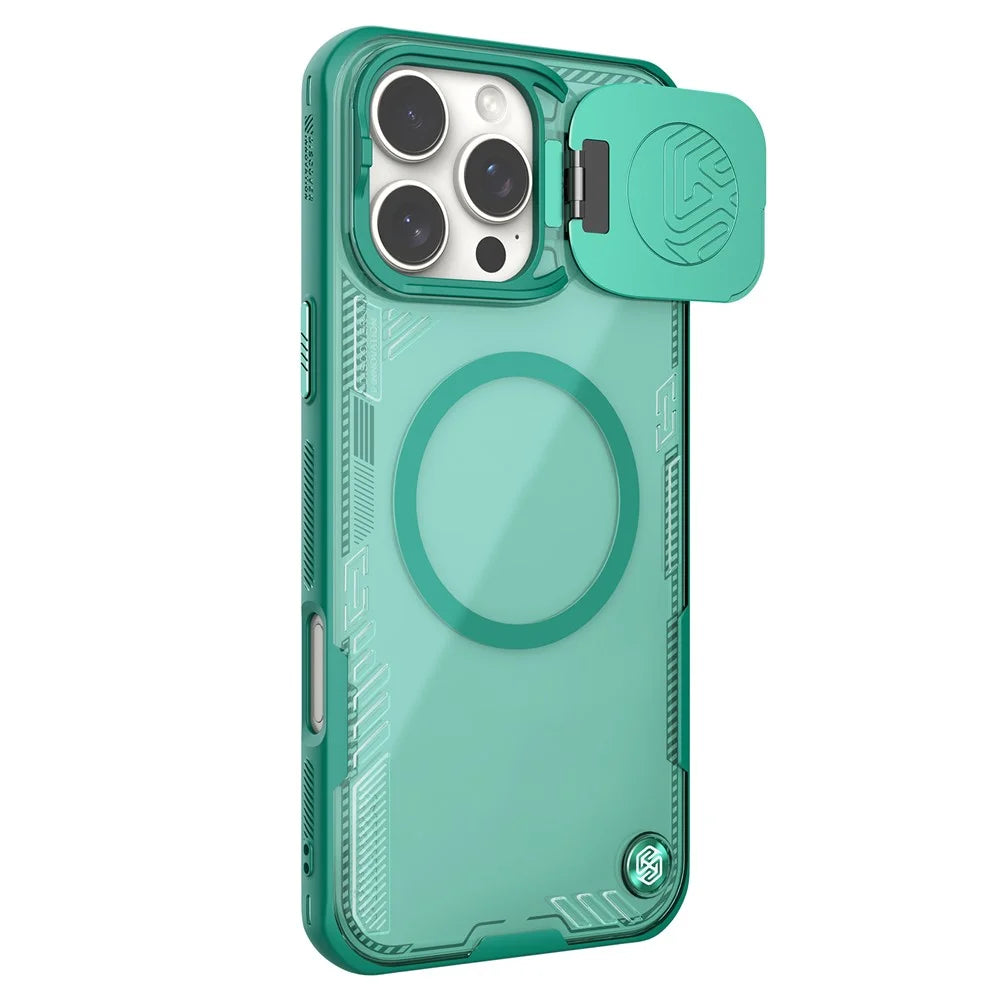 NILLKIN Iceblade CamProp Magnetic Series For iPhone 16 Pro Case Compatible with MagSafe PC+TPU Phone Cover Slide Lens Lid - Green - 1