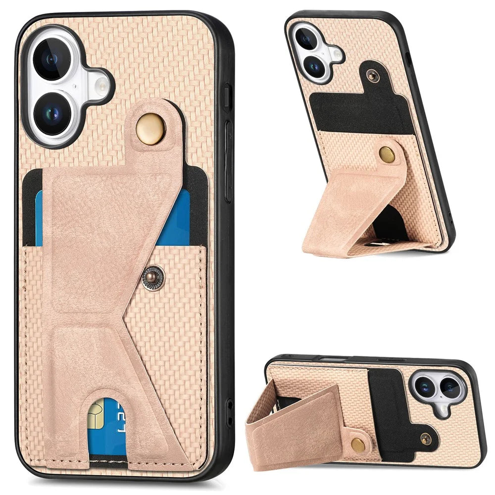 For iPhone 16 Case K-Shaped Kickstand Leather+PC+TPU Phone Cover - Apricot - 1
