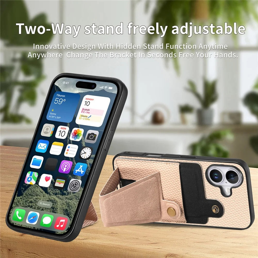 For iPhone 16 Case K-Shaped Kickstand Leather+PC+TPU Phone Cover - Apricot - 4
