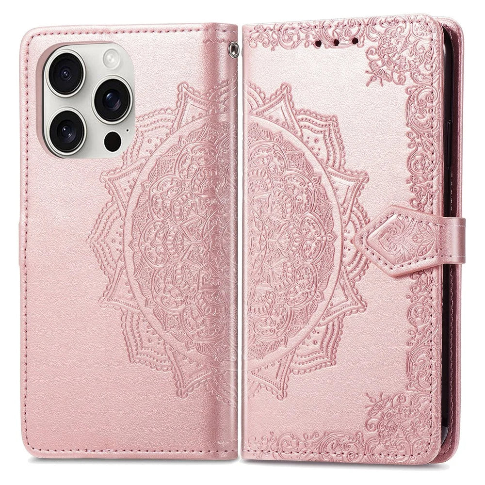 For iPhone 16 Pro Max Wallet Case Mandala Flower Leather Phone Cover Stand View - Rose Gold - 1