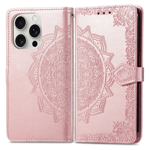For iPhone 16 Pro Max Wallet Case Mandala Flower Leather Phone Cover Stand View - Rose Gold - 1