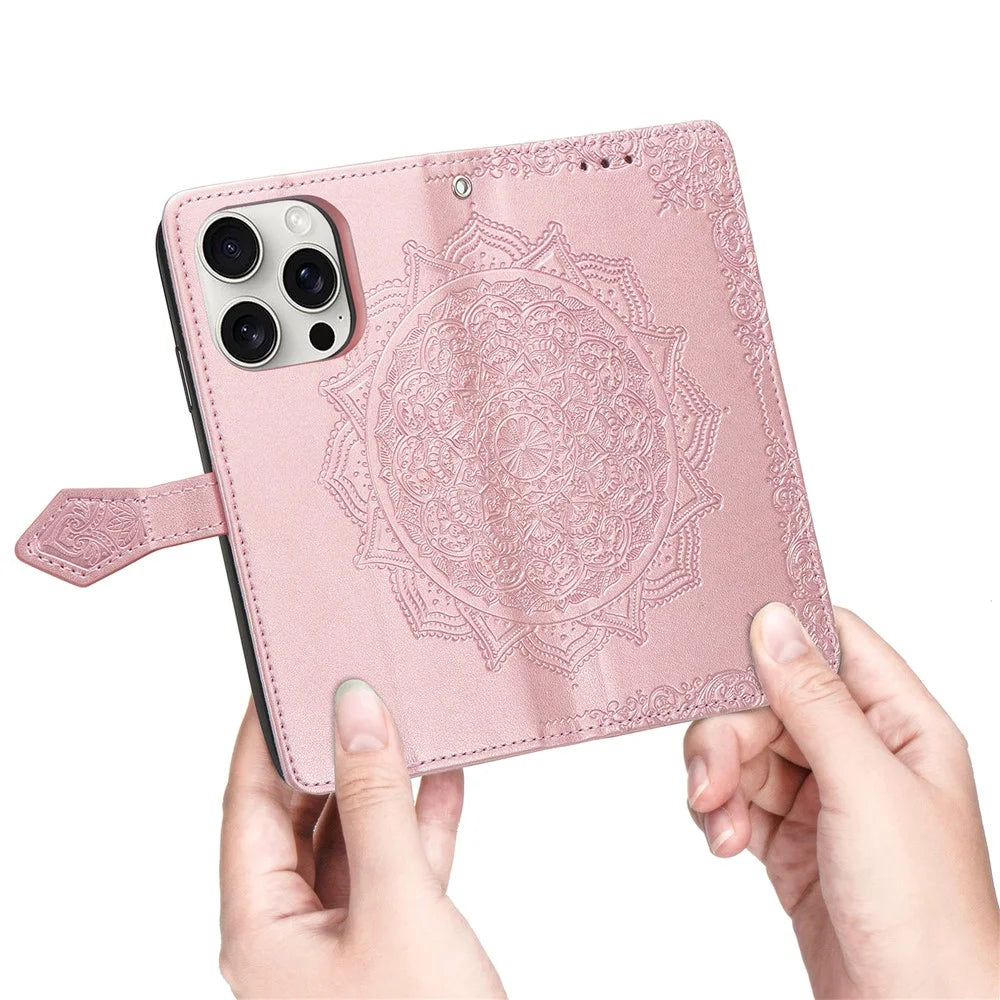 For iPhone 16 Pro Max Wallet Case Mandala Flower Leather Phone Cover Stand View - Rose Gold - 4