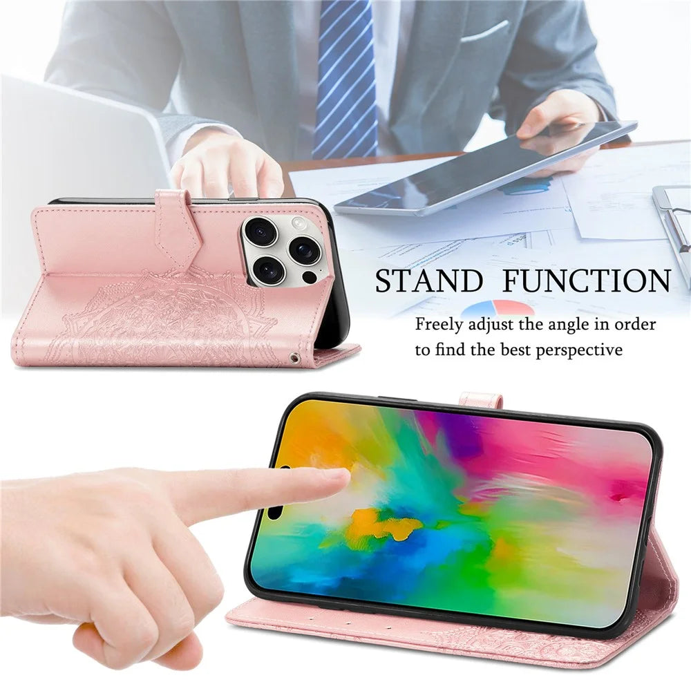 For iPhone 16 Pro Max Wallet Case Mandala Flower Leather Phone Cover Stand View - Rose Gold - 5