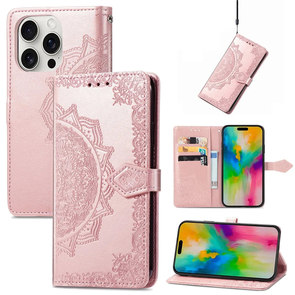 For iPhone 16 Pro Max Wallet Case Mandala Flower Leather Phone Cover Stand View - Rose Gold - 7