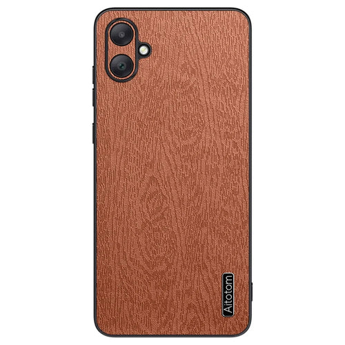 For Samsung Galaxy A06 4G Case Wood Texture PU Leather Coated PC+TPU Phone Cover - Brown - 1
