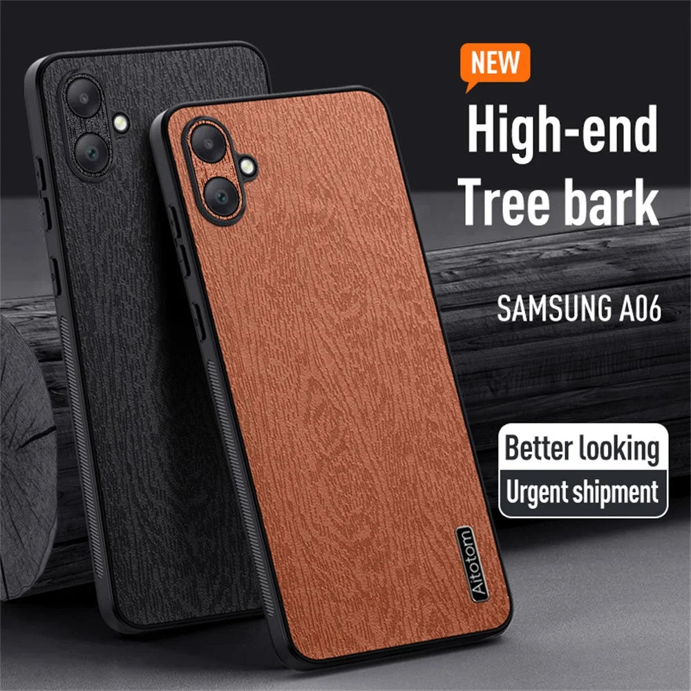 For Samsung Galaxy A06 4G Case Wood Texture PU Leather Coated PC+TPU Phone Cover - Brown - 2