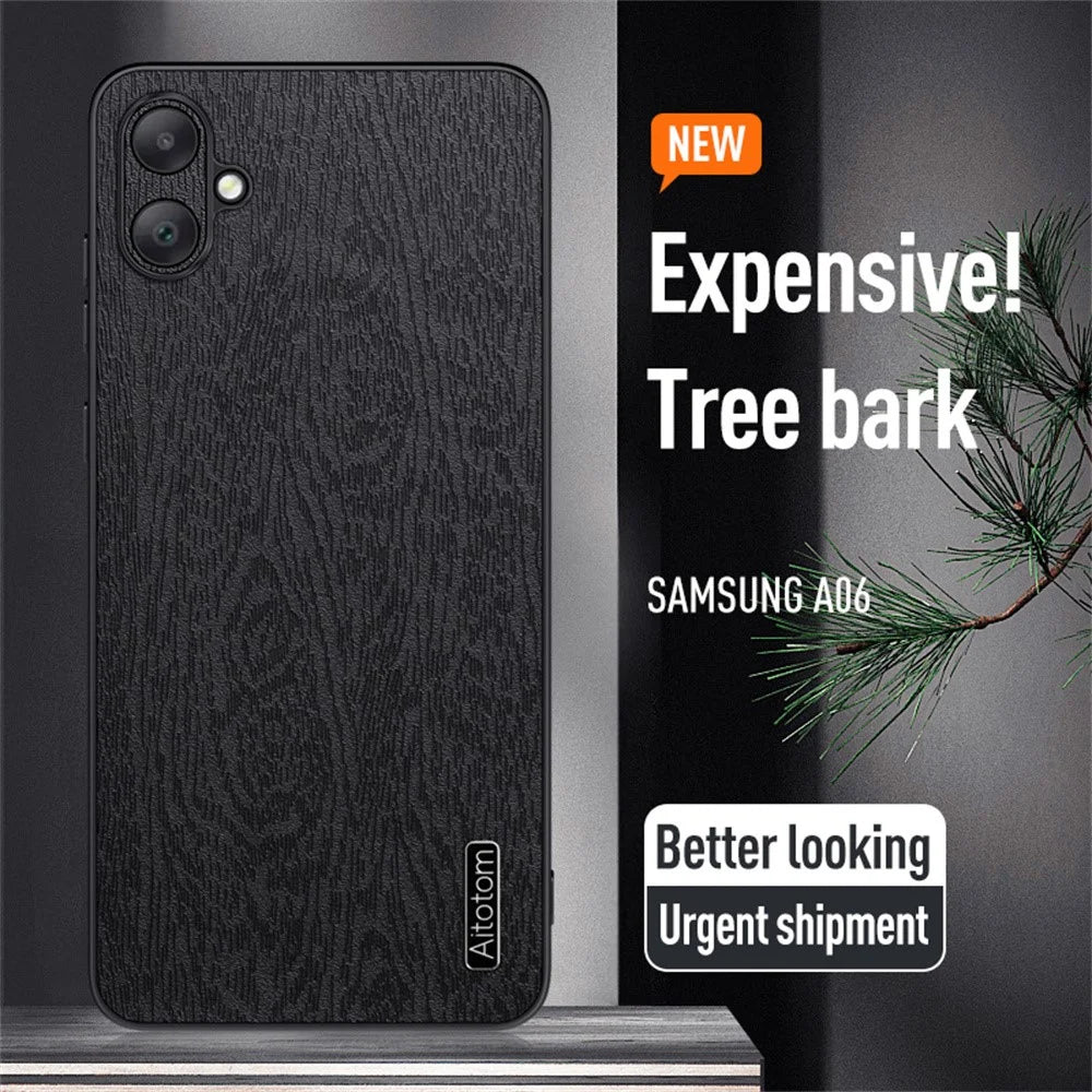 For Samsung Galaxy A06 4G Case Wood Texture PU Leather Coated PC+TPU Phone Cover - Brown - 3