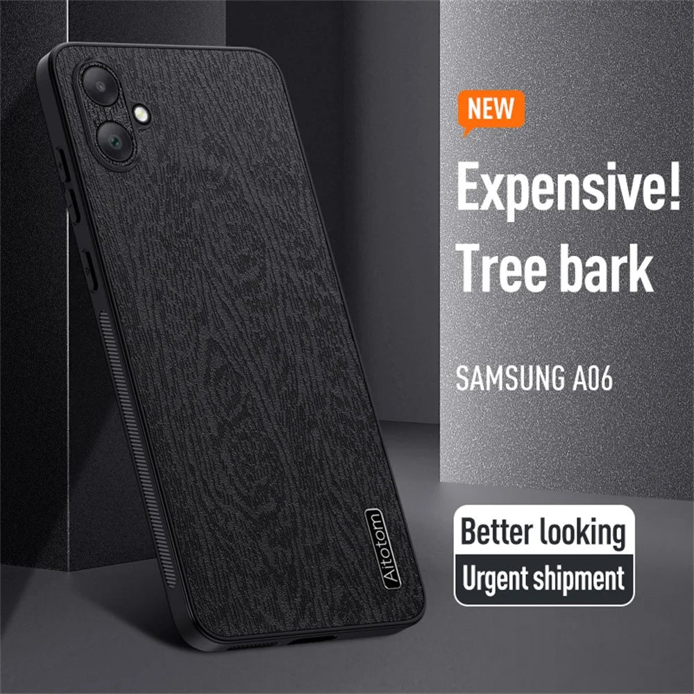 For Samsung Galaxy A06 4G Case Wood Texture PU Leather Coated PC+TPU Phone Cover - Brown - 4