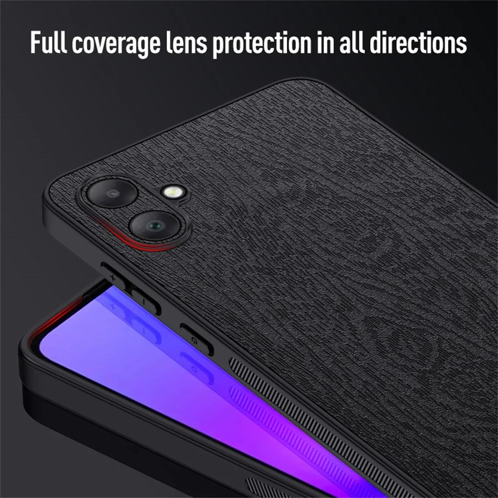 For Samsung Galaxy A06 4G Case Wood Texture PU Leather Coated PC+TPU Phone Cover - Brown - 5