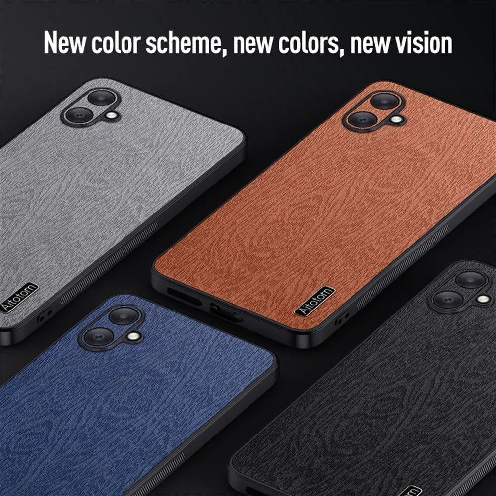 For Samsung Galaxy A06 4G Case Wood Texture PU Leather Coated PC+TPU Phone Cover - Brown - 7
