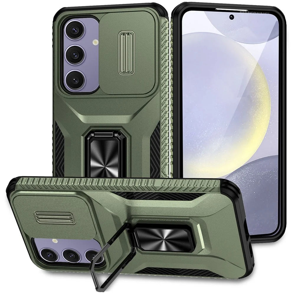 For Samsung Galaxy S24 FE Case Camshield Kickstand TPU+PC Anti-Slip Phone Cover - Green - 1