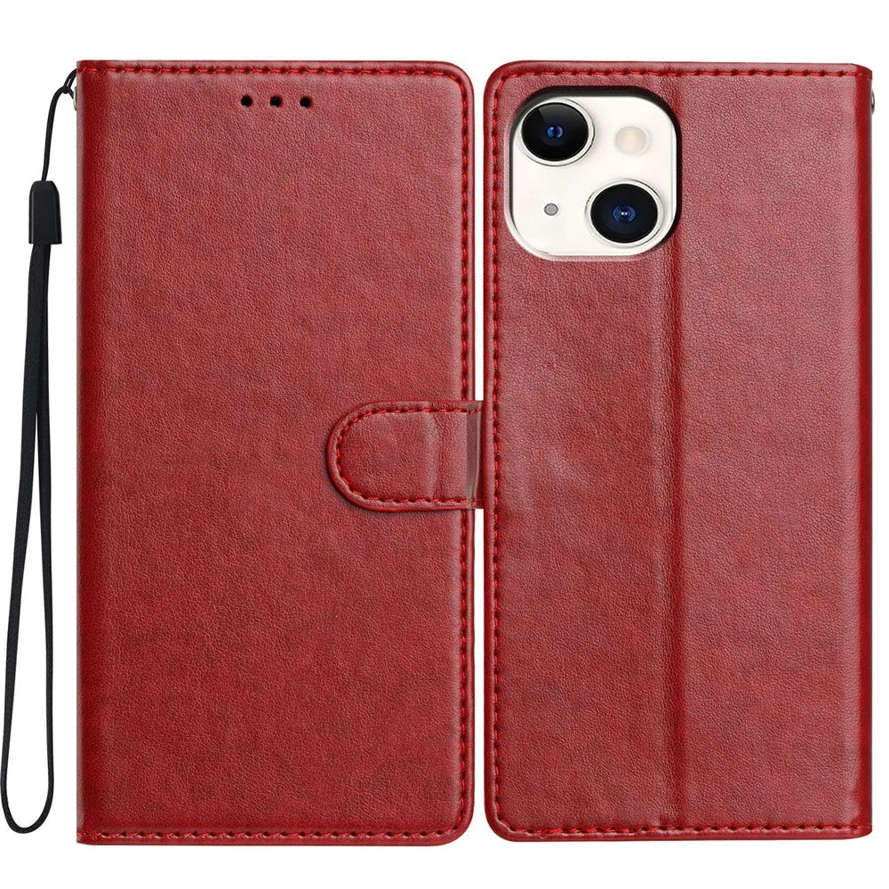 For iPhone 13 Leather Phone Case Wallet Stand Cover with Handy Strap - Red - 1