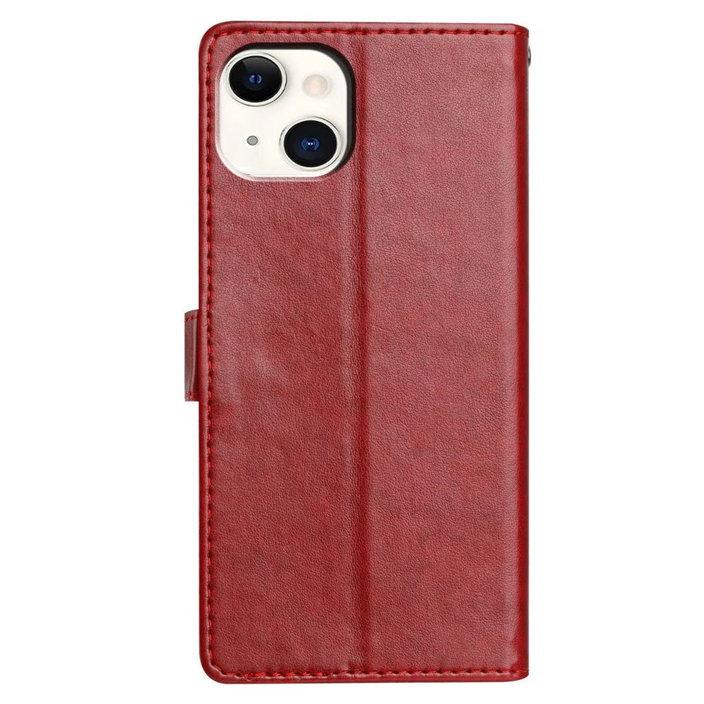 For iPhone 15 Leather Phone Case Wallet Stand Cover with Handy Strap - Red - 6