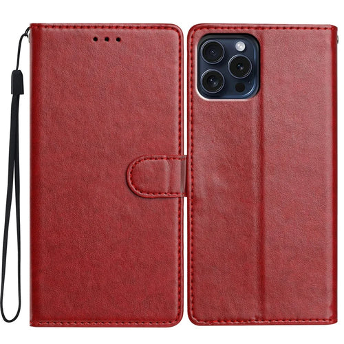 For iPhone 16 Pro Max Leather Phone Case Wallet Stand Cover with Handy Strap - Red - 1
