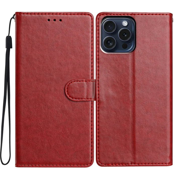 For iPhone 15 Pro Max Leather Phone Case Wallet Stand Cover with Handy Strap - Red - 1
