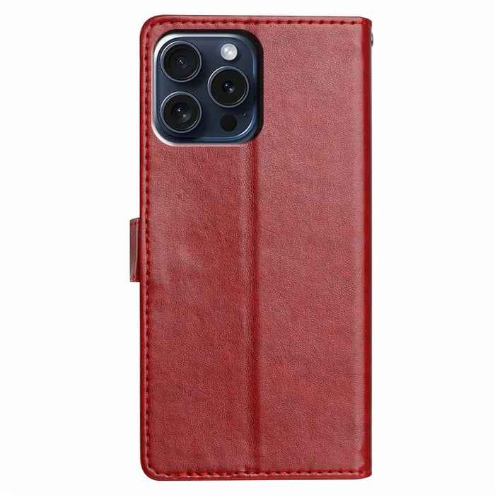 For iPhone 15 Pro Max Leather Phone Case Wallet Stand Cover with Handy Strap - Red - 6