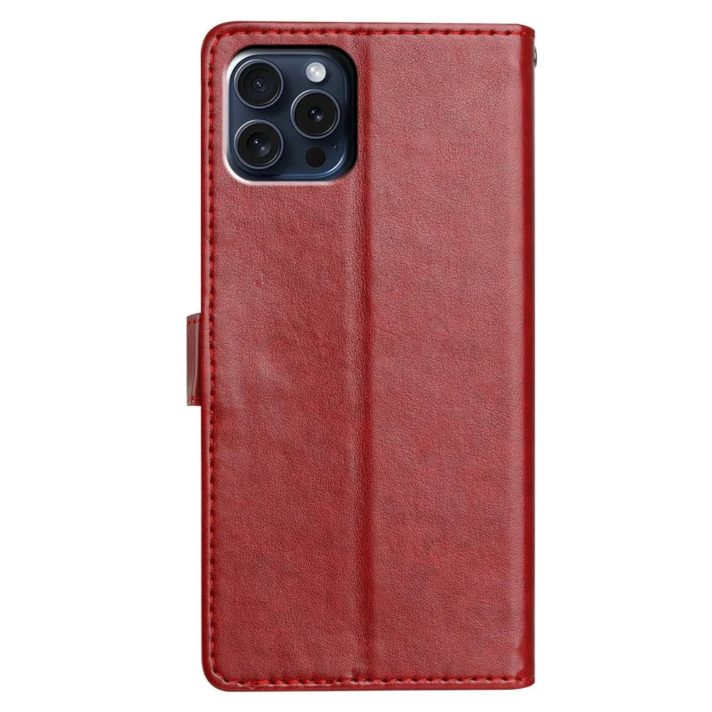 For iPhone 16 Pro Leather Phone Case Wallet Stand Cover with Handy Strap - Red - 6
