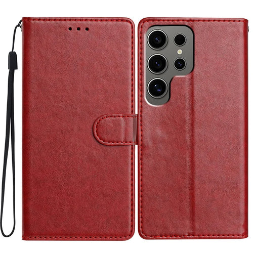 For Samsung Galaxy S24 Ultra Leather Phone Case Wallet Stand Cover with Handy Strap - Red - 1