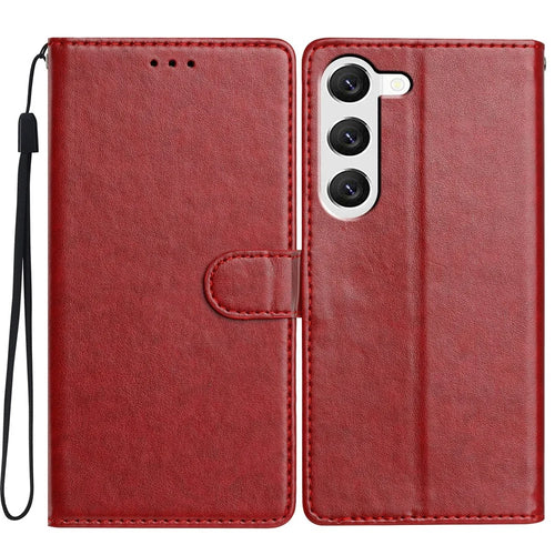 For Samsung Galaxy S23 Leather Phone Case Wallet Stand Cover with Handy Strap - Red - 1
