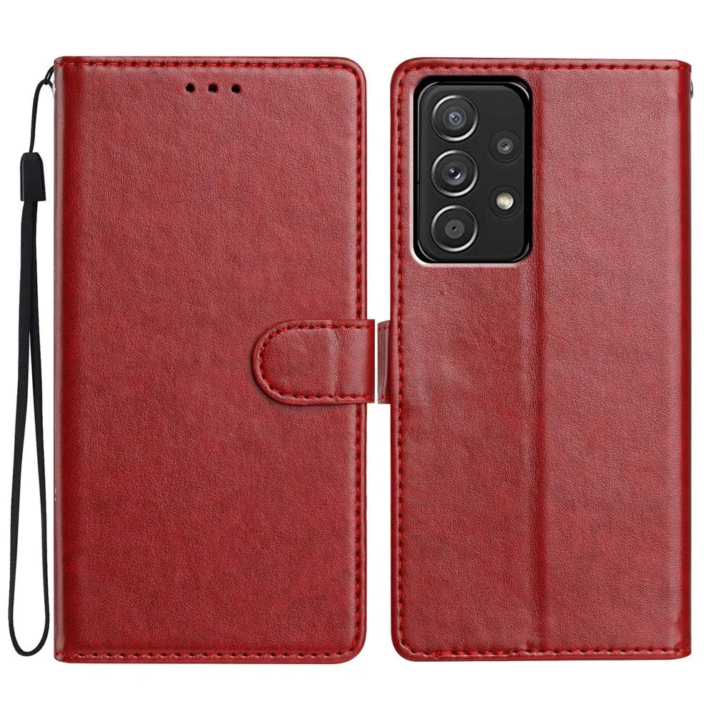 For Samsung Galaxy A53 5G Leather Phone Case Wallet Stand Cover with Handy Strap - Red - 1