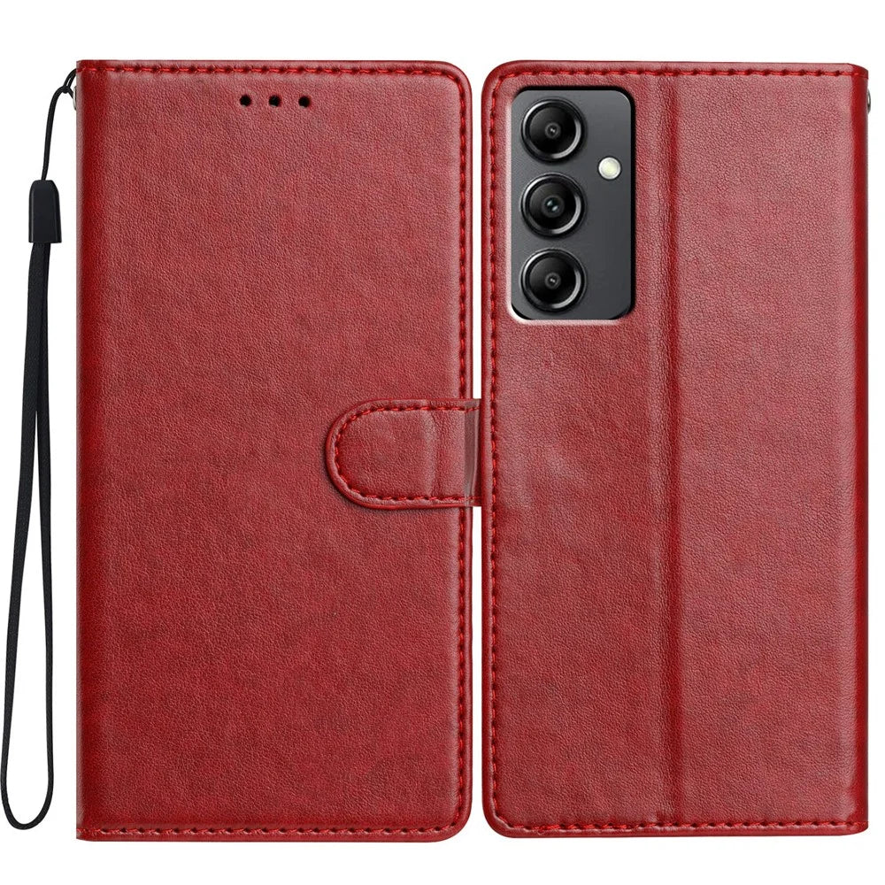 For Samsung Galaxy A14 4G  /  5G Leather Phone Case Wallet Stand Cover with Handy Strap - Red - 1