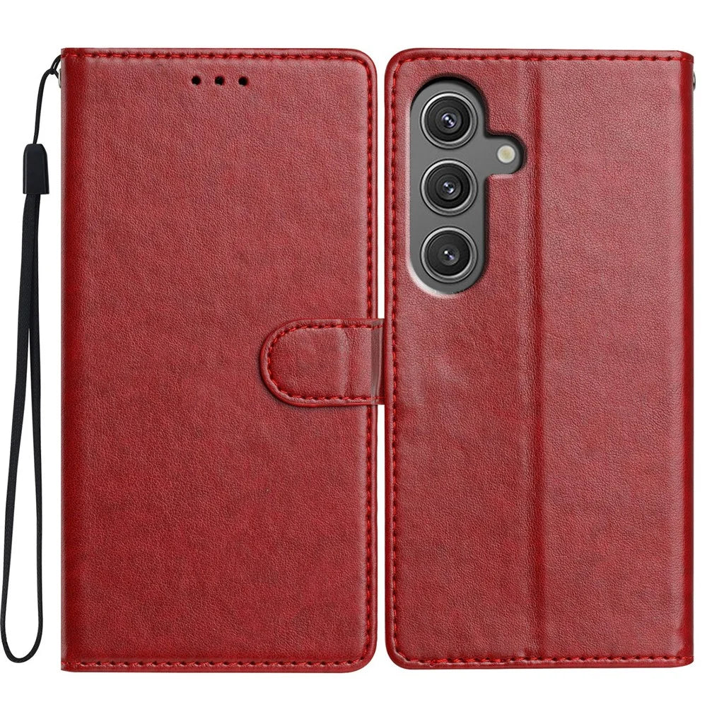 For Samsung Galaxy A15 5G Leather Phone Case Wallet Stand Cover with Handy Strap - Red - 1