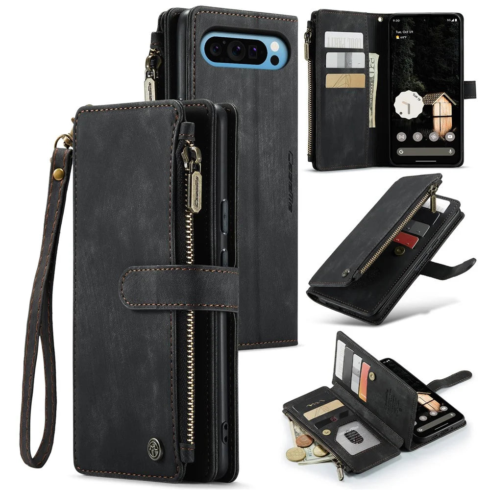 For Google Pixel 9 Pro XL Phone Cases with Strap CASEME C30 Zipper Multiple Card Holder PU Leather Cover - Black - 1