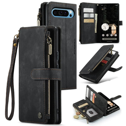 For Google Pixel 9 Pro XL Phone Cases with Strap CASEME C30 Zipper Multiple Card Holder PU Leather Cover - Black - 1
