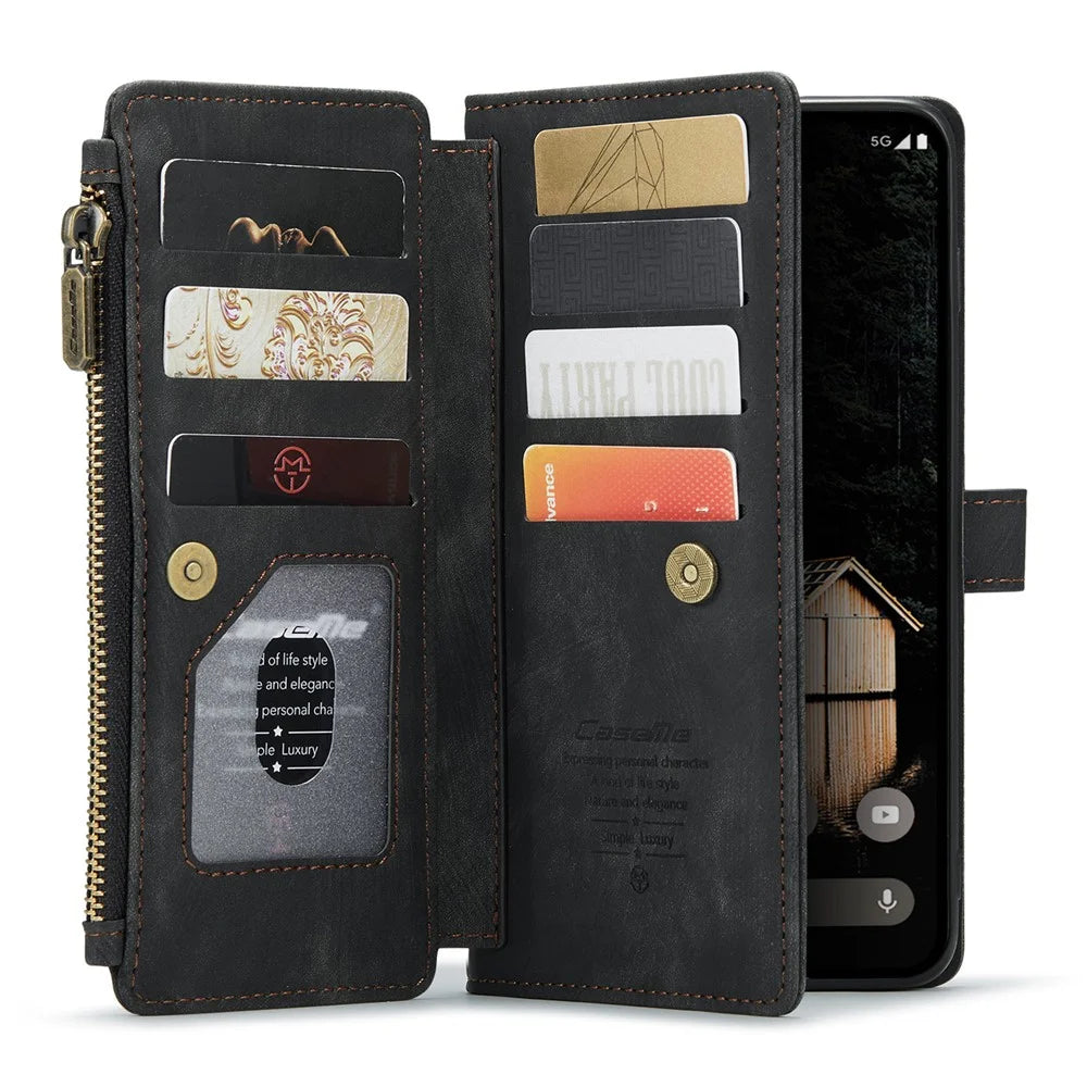 For Google Pixel 9 Pro XL Phone Cases with Strap CASEME C30 Zipper Multiple Card Holder PU Leather Cover - Black - 2