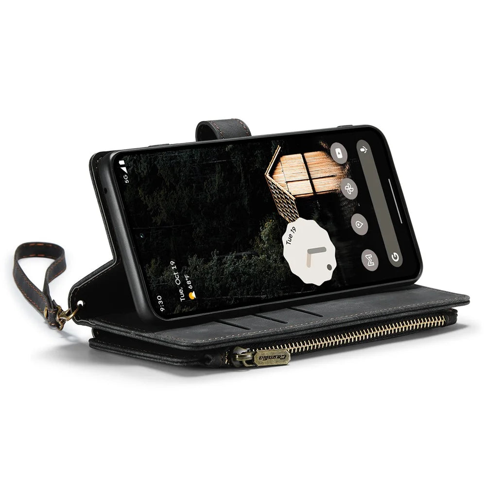 For Google Pixel 9 Pro XL Phone Cases with Strap CASEME C30 Zipper Multiple Card Holder PU Leather Cover - Black - 3