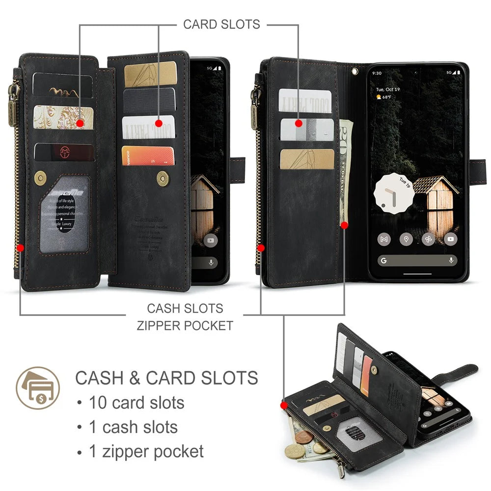 For Google Pixel 9 Pro XL Phone Cases with Strap CASEME C30 Zipper Multiple Card Holder PU Leather Cover - Black - 4