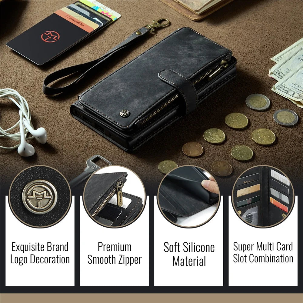 For Google Pixel 9 Pro XL Phone Cases with Strap CASEME C30 Zipper Multiple Card Holder PU Leather Cover - Black - 6
