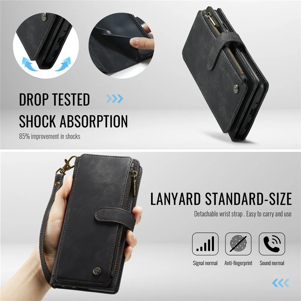 For Google Pixel 9 Pro XL Phone Cases with Strap CASEME C30 Zipper Multiple Card Holder PU Leather Cover - Black - 7