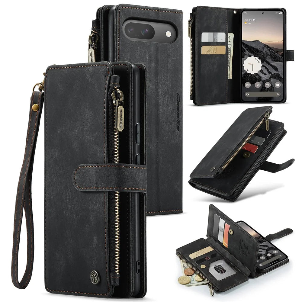 For Google Pixel 10 Pro / 10 / 9 Pro / 9 Phone Cases with Strap CASEME C30 Zipper Multiple Card Holder PU Leather Cover - Black - 1