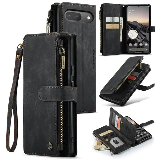 For Google Pixel 10 Pro / 10 / 9 Pro / 9 Phone Cases with Strap CASEME C30 Zipper Multiple Card Holder PU Leather Cover - Black - 1