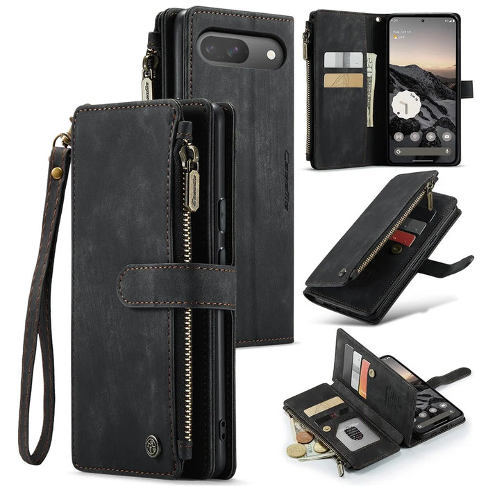 For Google Pixel 10 Pro / 10 / 9 Pro / 9 Phone Cases with Strap CASEME C30 Zipper Multiple Card Holder PU Leather Cover - Black - 1