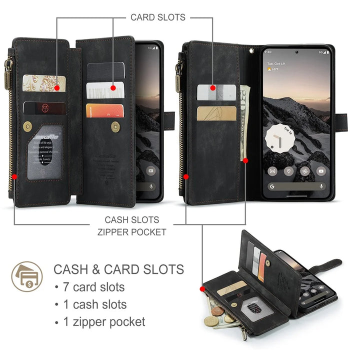 For Google Pixel 10 Pro / 10 / 9 Pro / 9 Phone Cases with Strap CASEME C30 Zipper Multiple Card Holder PU Leather Cover - Black - 4